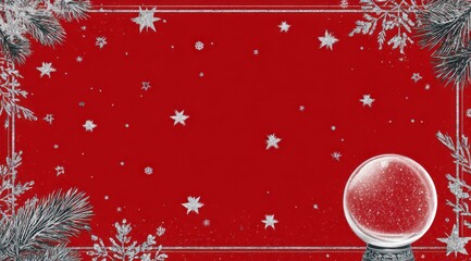 A Festive Scene Featuring a Snow Globe Surrounded by Christmas Elements Against a Vibrant Red Background, Perfect for Holiday Celebrations