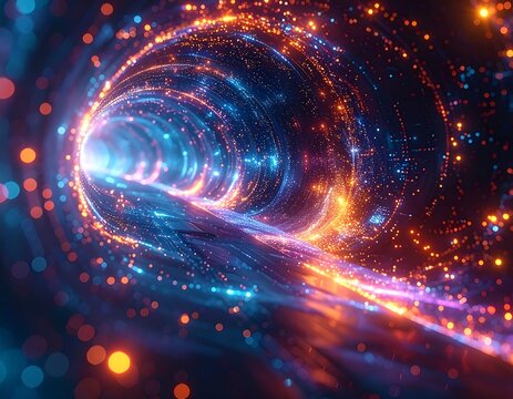 Abstract swirling tunnel of vibrant light and particles