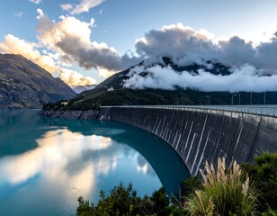Obraz premium Dam at sunset over a lake