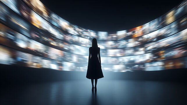 Silhouette of a woman standing before a curved wall of glowing screens displaying fast-moving images