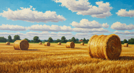 Oil painting of a countryside field with haystacks, warm tones emphasizing rustic charm.