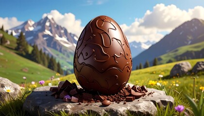 Chocolate Easter egg on a rock in a mountain landscape