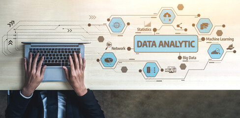 This image showcases hands typing on a laptop with various data analytics icons and concepts...