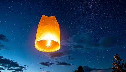 Illuminated lantern soaring into a starry night sky