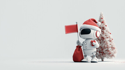 White Robot in a Santa Claus hat holds a red Bag of gifts , with christmas tree and  decorations