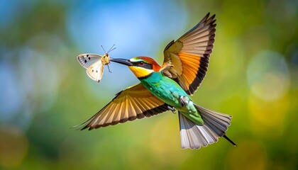 Colorful bird in flight with butterfly