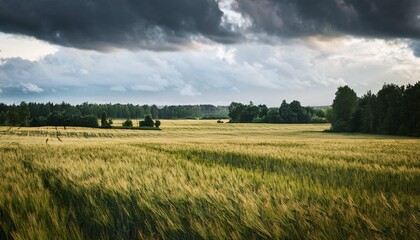 Obraz premium Beautiful Atmospheric Meadow Scenery In Overcast Day Natural Summer Landscape Of Rural Latvia