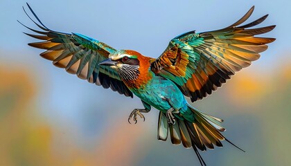 Colorful bird in flight against a soft background