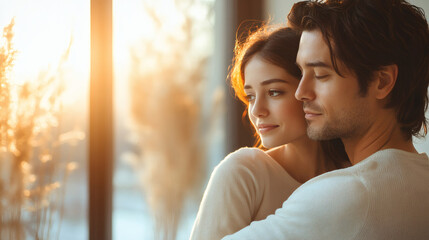Fototapeta premium Couple embrace sunlight indoor