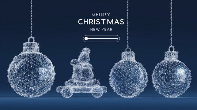 A wireframe illustration of Christmas toys alongside a low-progress loading bar, representing digital holiday design on blue  background
