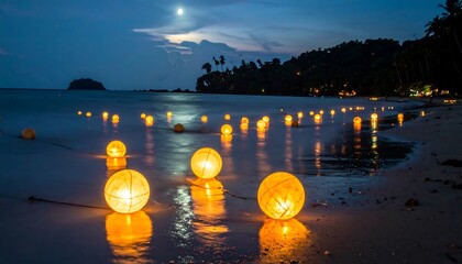 Illuminated lanterns on a tranquil beach at twilight