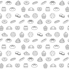 Seamless bakery and restaurant pattern with bread and pastry design