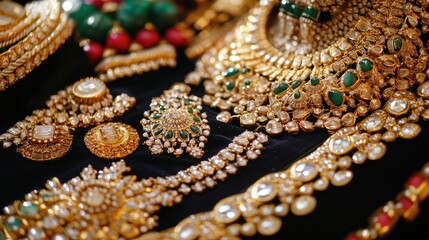 A collection of intricate gold and gemstone jewelry.