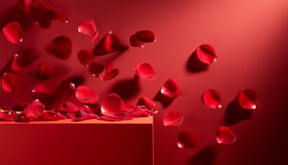 Red Petals Falling Onto A Red Rectangular Surface Some Petals Are Scattered