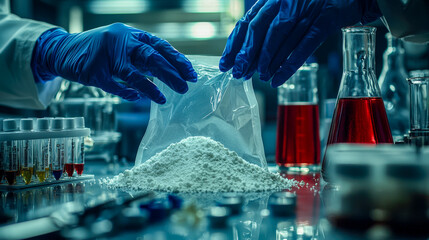 Laboratory scientists handling chemical substances with test tubes and glassware in a high-tech research environment