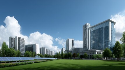 Modern city buildings with solar panels and green lawn. Sustainable urban development showcasing renewable energy and ecology concept.