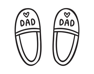 Mens slippers top view with Dad lettering and heart, hand drawn, line art, monochrome, hand drawn