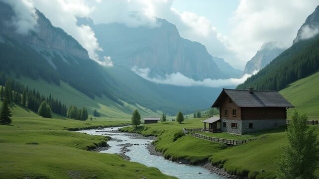 Aerial view of a summer mountain landscape with a house and a river in the foreground and rocks covered