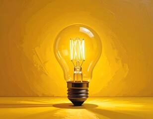 Illuminated light bulb on a yellow background
