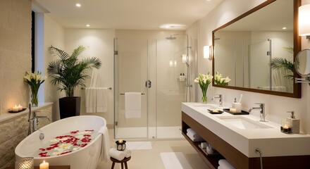 A luxurious bathroom featuring a soaking tub with rose petals and fresh flowers, creating a relaxing spa-like atmosphere.