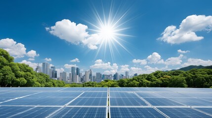 Blue solar panels under bright sun with city skyline in background, sustainable metropolitan solution, clean energy concept.