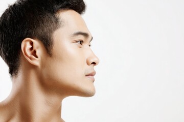 Naklejka premium Side profile of a young Asian man with short hairstyle and clear skin on plain white background.