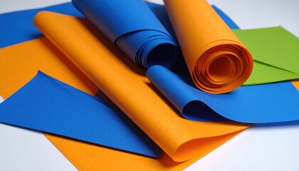 Colorful paper rolls and sheets with abstract art on white.