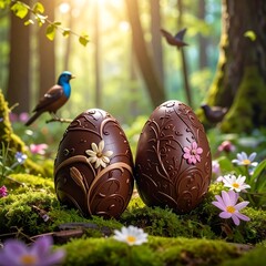 Chocolate Easter eggs in a forest