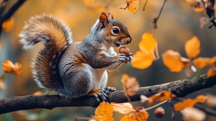 Fototapeta premium Gray squirrel holding a nut on a branch in autumn.