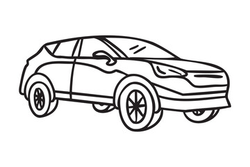 Modern crossover car, hand drawn doodle, line art, monochrome, hand drawn