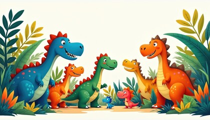 Fototapeta premium Colorful cartoon dinosaurs gather in vibrant jungle habitat. Playful creatures with cheerful expressions inhabit lively environment filled with rich foliage. Whimsical prehistoric scene features