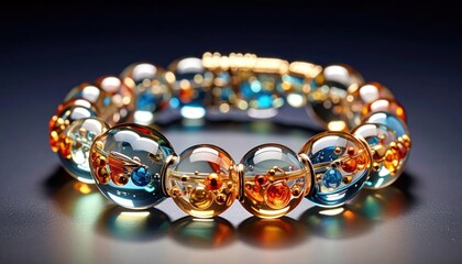 Close-up of a colorful beaded bracelet with translucent gems.