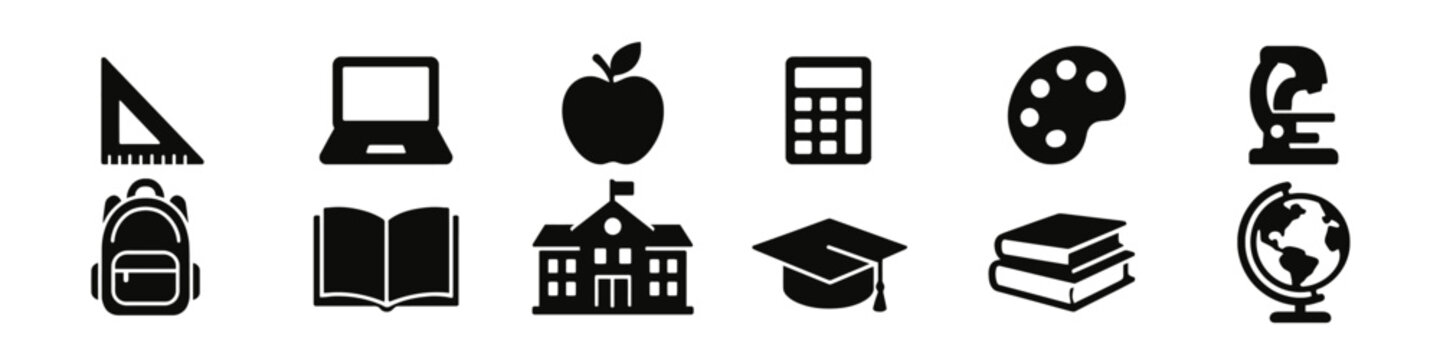 Education icons set: silhouette school and learning symbols