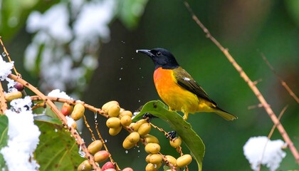 Colorful bird on snowy branch