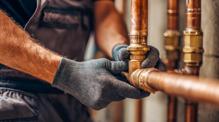 Skilled plumber working on copper piping in an indoor plumbing system