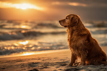 A golden retriever sitting patiently on sandy beach during a tranquil sunset with gentle ocean waves and warm golden light reflecting on the water surface