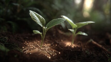 Sapling growing from glowing circuit board on dark soil. Concept of nature and technology integration for sustainable development and innovation.