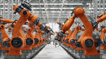 Rows of orange industrial robotic arms in a modern manufacturing facility