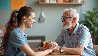 Occupational therapist assists elderly man with colorful ball exercise for patient independence, recovery. Smiling faces suggest positive rehabilitation progress in medical practice setting.