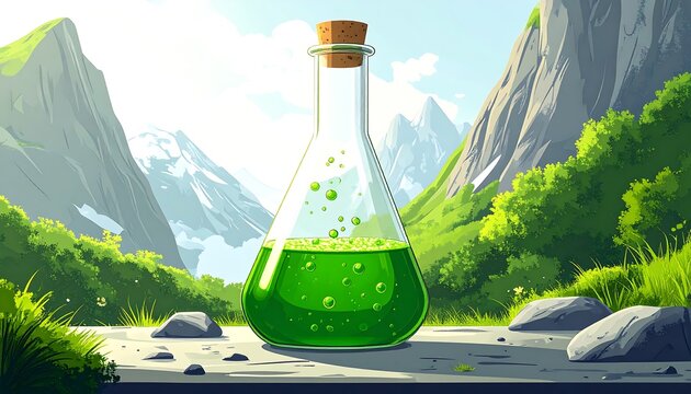 Green potion flask in a mountain landscape - Powered by Adobe