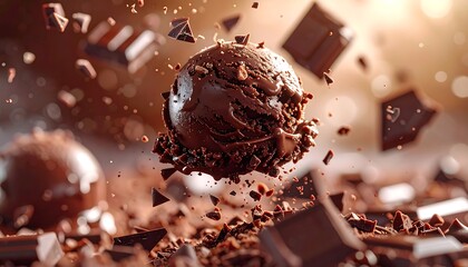 Chocolate ice cream sphere with flying pieces of chocolate