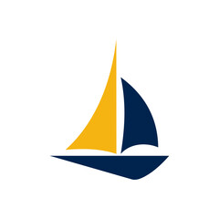 Stylized sailboat icon with a yellow sail and a dark blue sail and hull, isolated on a white background.