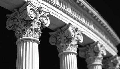Obraz premium Close-up of three white stone columns featuring ornate ionic capitals against black background. Fluted shafts, detailed carvings showcase classic architectural design. Texture, shape of stone