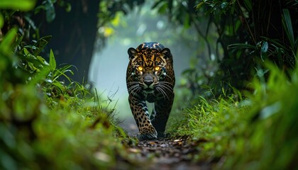 Majestic Jaguar walking through lush rainforest with nature scene.