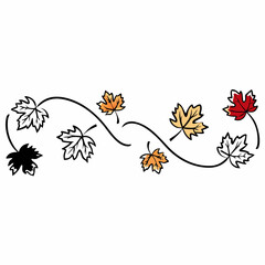 A decorative border design featuring a flowing black vine adorned with a variety of stylized maple leaves in black outline solid black orange yellow and red colors evoking a sense of autumn