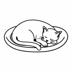 A simple black and white line drawing illustration of a cute domestic cat curled up asleep on a round cushion or bed conveying peace and tranquility
