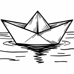 A simple black and white line drawing of a classic folded paper boat floating on rippling water with its reflection visible below