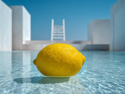 Fresh yellow lemon floating on clear water surface with modern white architecture and ladder against bright blue sky background in a sunny outdoor setting