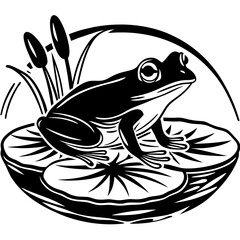 A stylized black and white illustration of a frog perched on a lily pad surrounded by cattails and a curved arch evoking a peaceful pond scene