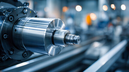 Fototapeta premium Industrial precision metal lathe spindle component reflecting high-tech manufacturing processes in a modern workshop with bokeh background lighting effects